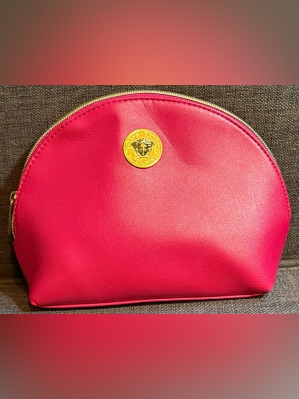 Luxury Red Versace parfums Cosmetic Case with Gold Medallion Accent